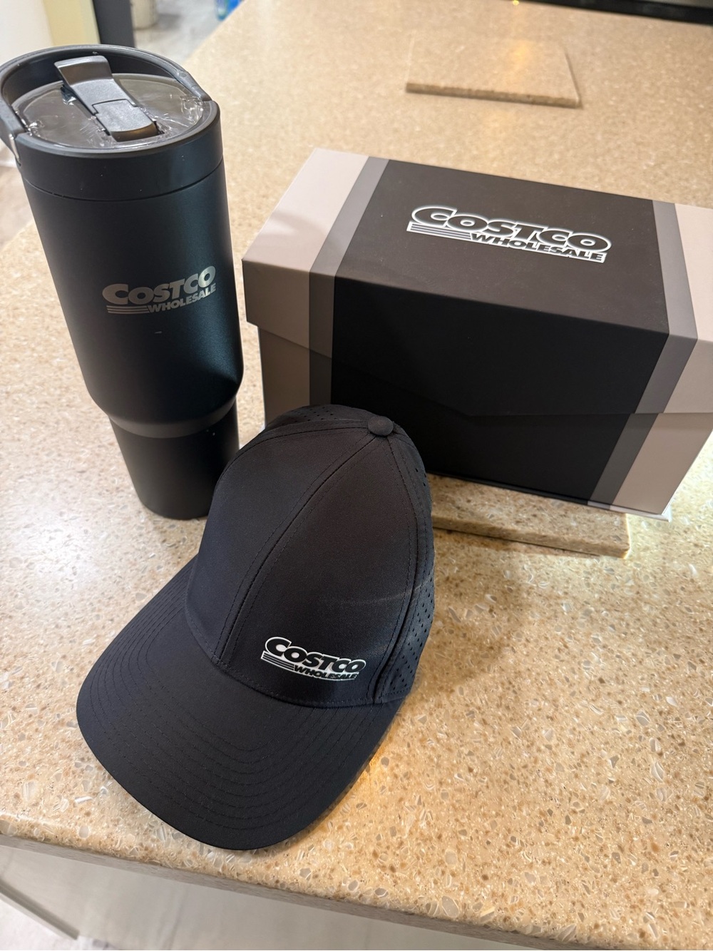 Black Costco Baseball Cap and Water Bottle